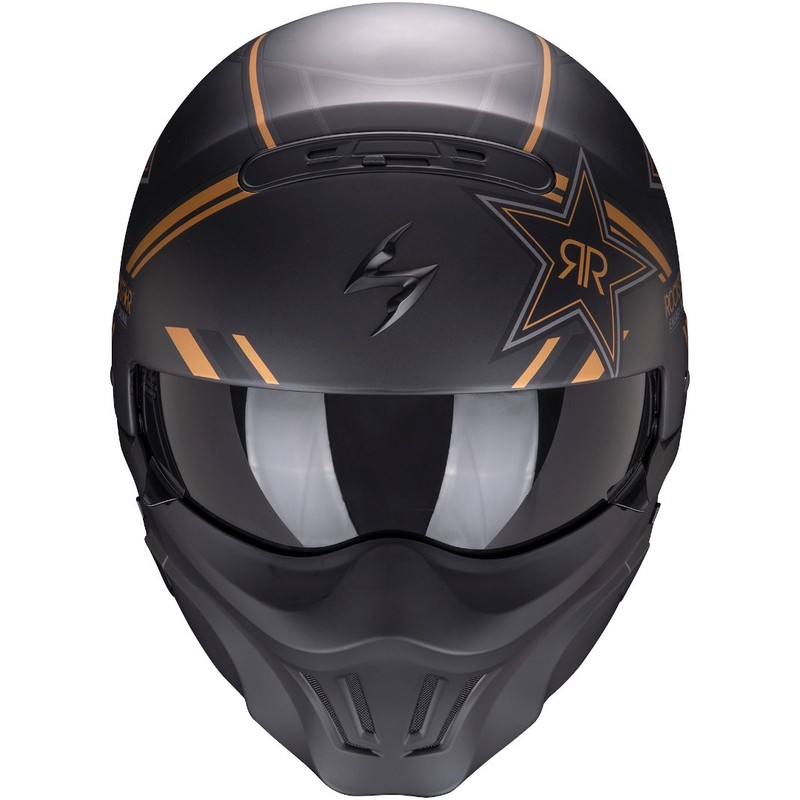Avoin kypärä maskilla Scorpion EXO-COMBAT EVO Rockstar musta-kultainen