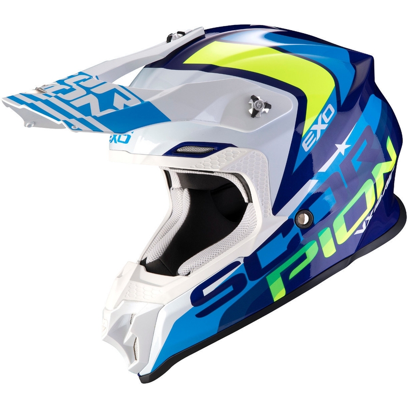 Motokrosová přilba Scorpion VX-16 Air Nation modro-bílo-fluo žlutá výprodej