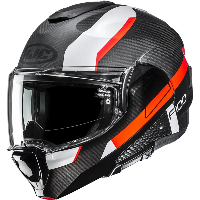 Avattava moottoripyöräkypärä HJC F100 Carbon Askan MC6HSF musta-oranssi-valkoinen-punainen