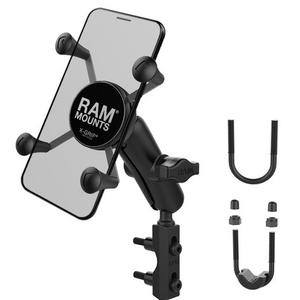 RAM Mounts X-Grip -matkapuhelimen pidike, jossa on jarru-/kytkinvivun ja ohjaustangon kiinnitys.