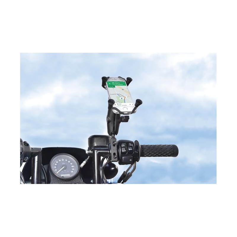 RAM Mounts X-Grip -matkapuhelimen pidike, jossa on jarru-/kytkinvivun ja ohjaustangon kiinnitys.